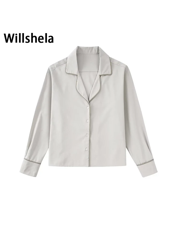 

Женская модная однотонная однобортная блузка Willshela, винтажные женские шикарные рубашки с воротником с лацканами и длинными рукавами