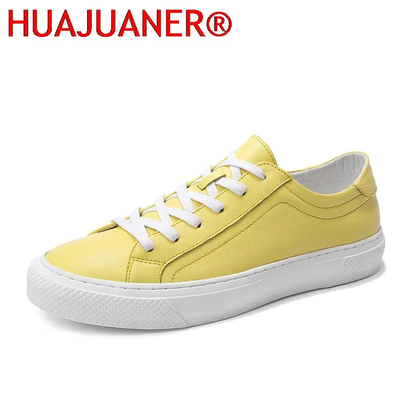 

2022 New Men Shoes Leather Sneakers Walking Shoes Fashion Casual Footwear Lace-up Solid Male Comfortable Flats Yellow White Shoe