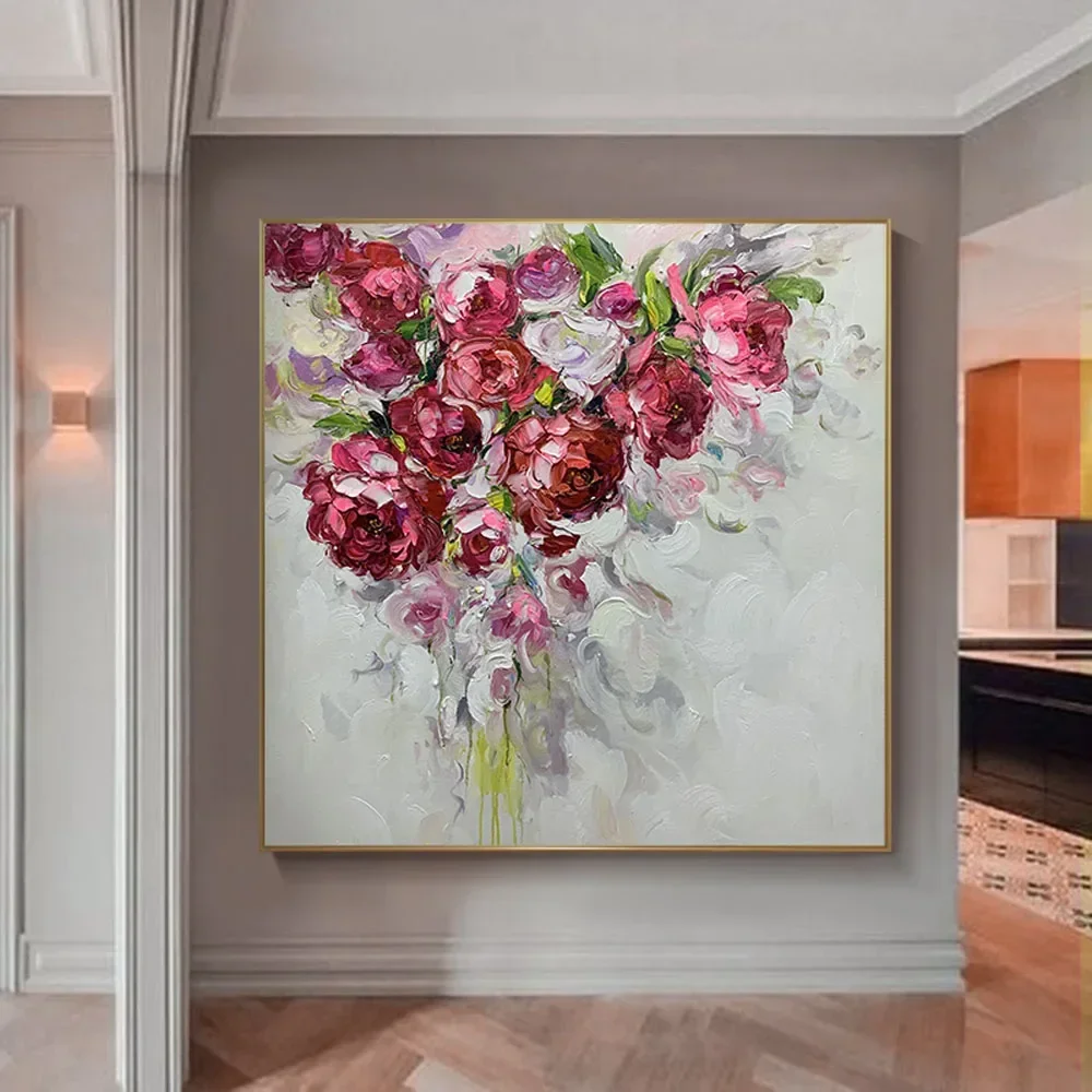 

Hand-painted oil painting Nordic style decorative painting living room corridor entrance red painting rose atmospheric mural OKM