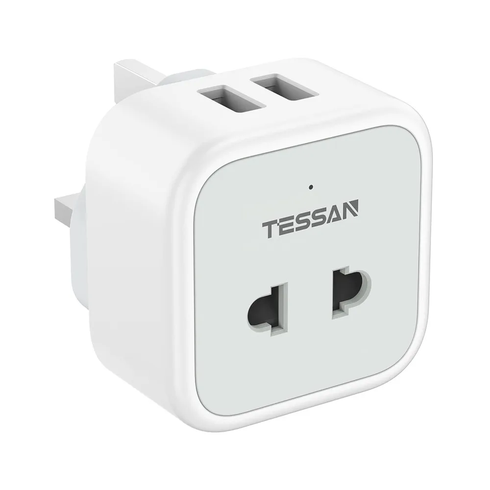 

TESSAN Shaver Plug Adapter UK with 2 USB Ports, Mini 2 Pin to 3 Pin USB Socket Charger, EU US Plugs, 10A Fused, Type C/E/F/A