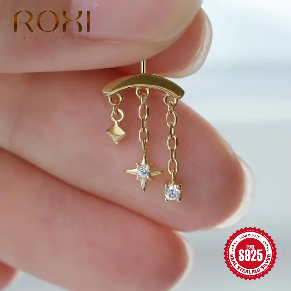 Фото ROXI 1 шт., стерлингового серебра 925 пробы, звезда, луна, цепочка с кисточками, серьги для пирсинга для женщин, подвески, серьги, ювелирные изделия, подарок на вечеринку №1