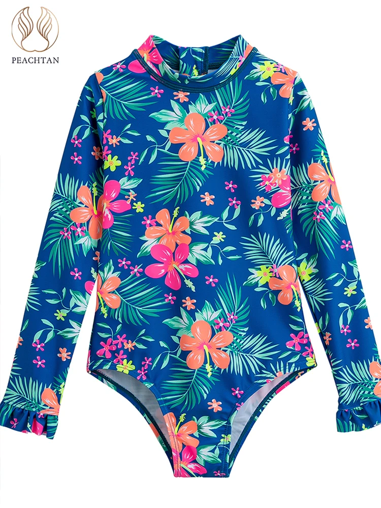 

2~9 Year Girls Long Sleeve zipper one piece swimsuit women Print ruffle swimwear conjunto biquinis feminino trajes de baño mujer