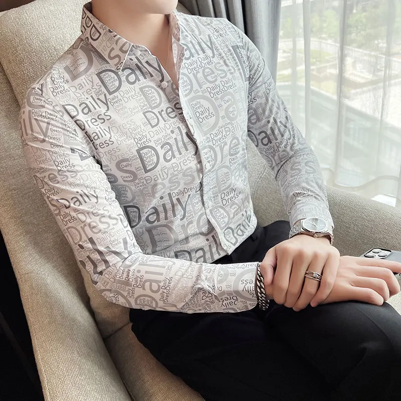 Fashion Letter Print Shirts Men 2022 Autumn Long Sleeve Slim Casual Business Formal Dress Shirt Social Streetwear Tuxedo Blouse