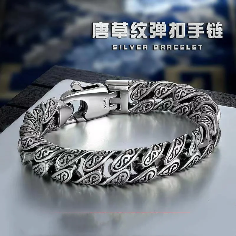

S925 Sterling Silver Domineering Personality Tang Grass Pattern Retro Hip-hop Chinese Style Bracelet Men's Luxury Birthday Gift