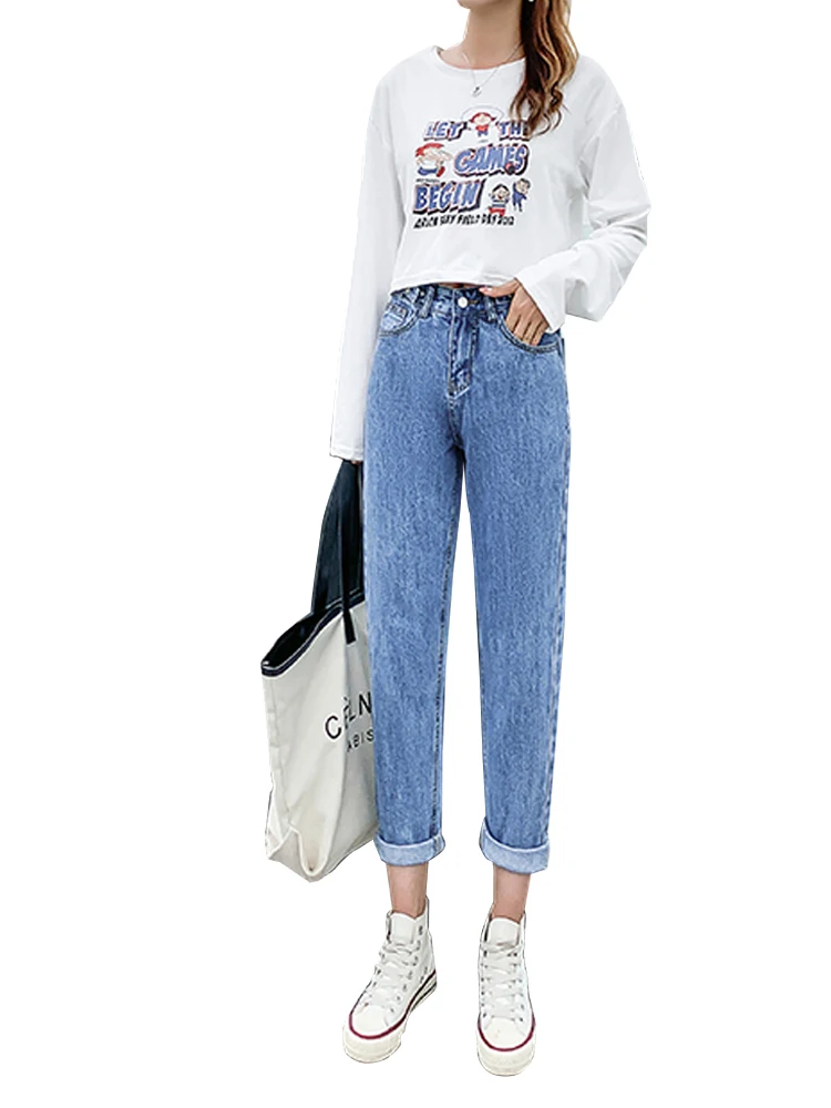 

Spring summer high-waisted Stretch jeans women's harem pants new loose and slim nine-point straight-leg daddy Denim pants