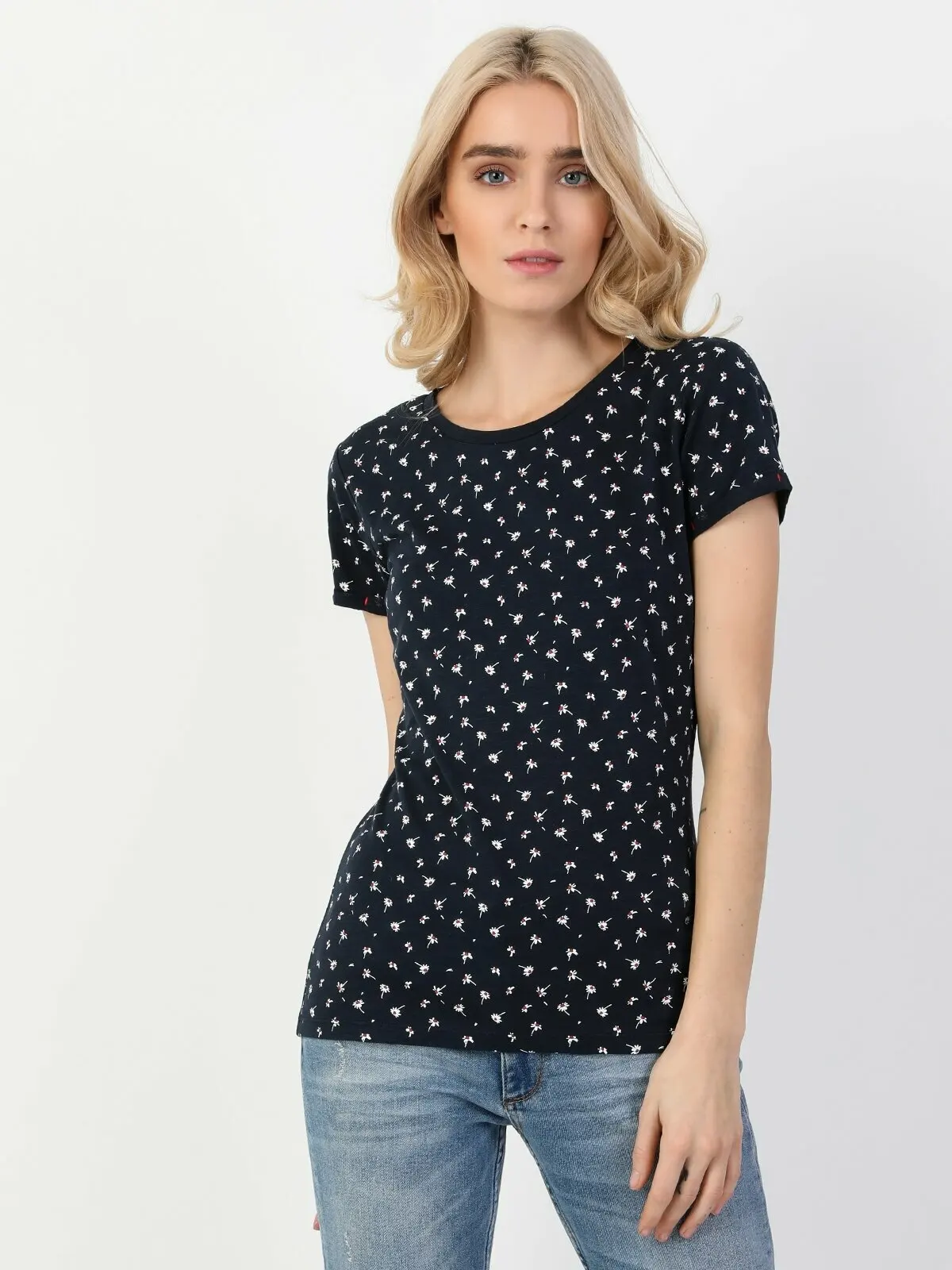 

Женские облегающие футболки Colins, темно-синие футболки с коротким рукавом, модные женские футболки CL1047807