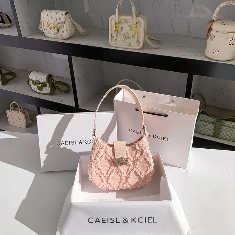 

New Trendy Women's Bag Fashion Design Canvas Denim Tassel Underarm Bag Female Handbag Lady Purse Single Shoulder Bag Armpit Bag