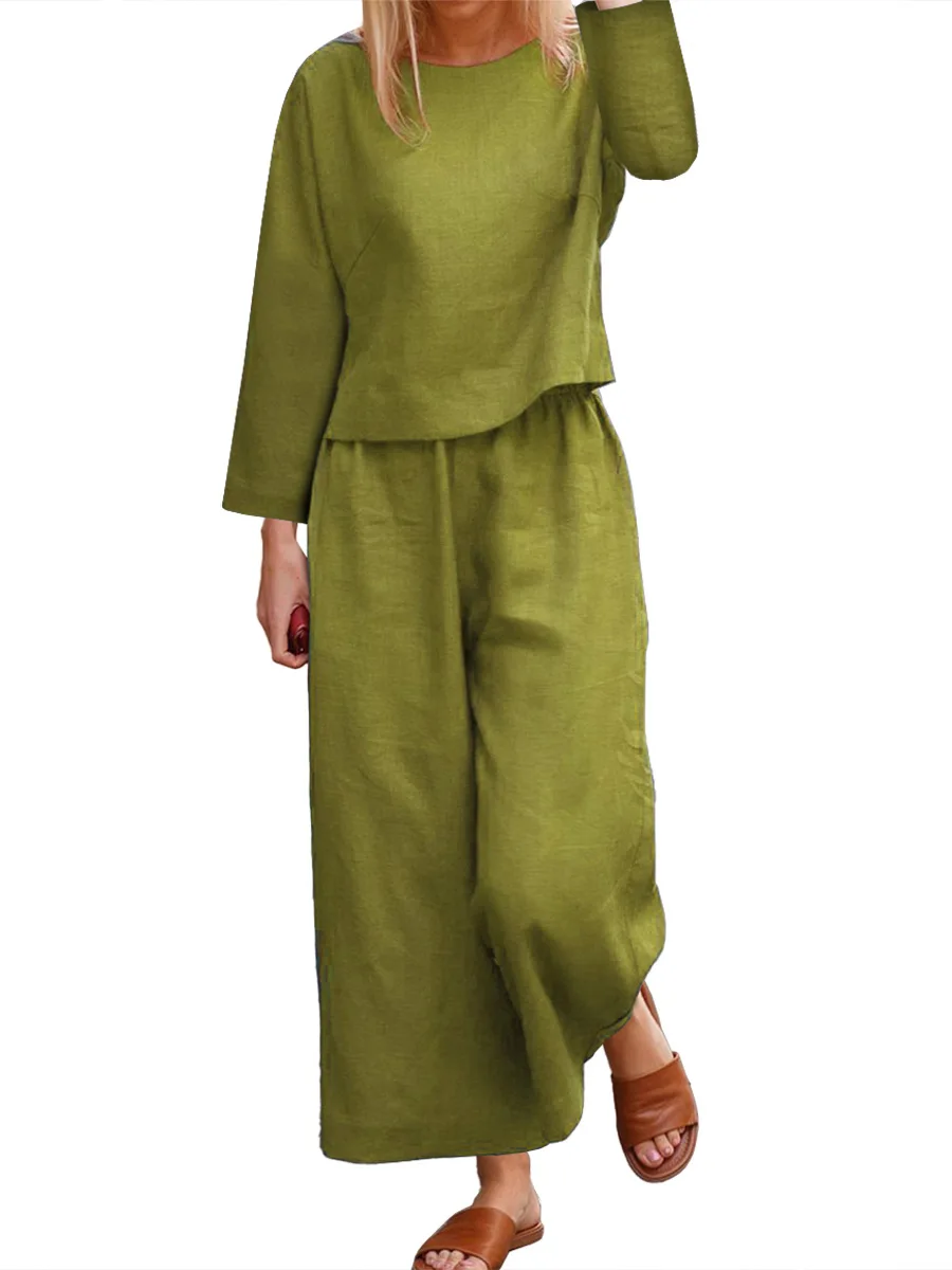 

2023 Summer Linen Set Women Conjuntos De Pantalon Green Mujer Elegante Crop Top Wide Leg Pants Sets Causal Two Piece Baice Suit