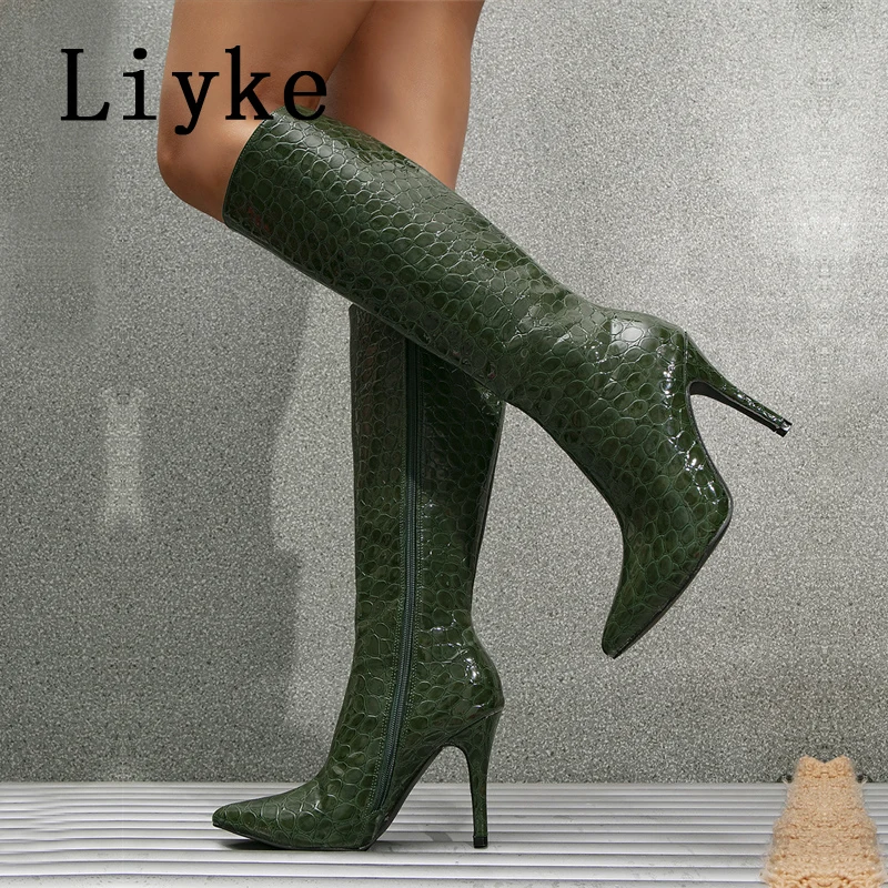 

Liyke 2023 New Motorcycle Boots High Knee Woman Pumps Sexy Pointed Toe Zip Winter Shoes Snake Print Leather Thin Heels Booties