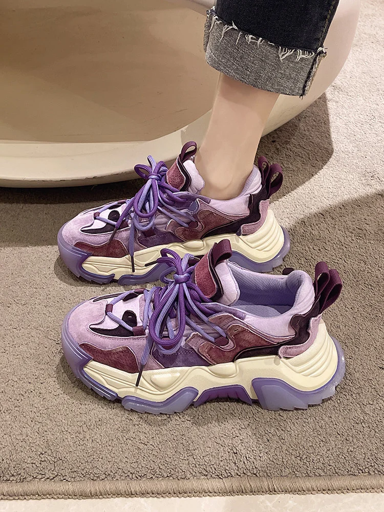 

2023 New Chunky Sneakers Women Fashion Lace Up Flat Dad Shoes Female Autumn Leather Outdoor Walking Tennis Zapatos De Mujer