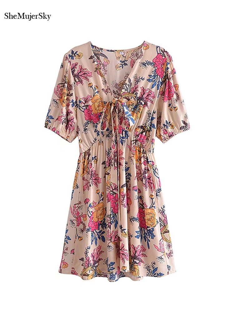 

SheMujerSky Summer Short Sleeve Bird Floral Print Dress Women Lace Up V-neck Mini Boho Dresses 2022