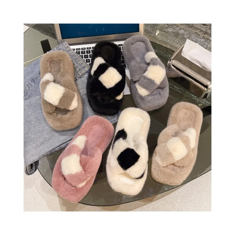 

Winter Slippers Panda Color Comfortable Thick Sole Cotton Women Fashion Cross Fluffy Fur Slippers Chinelo Nuvem Sapotos Feminino