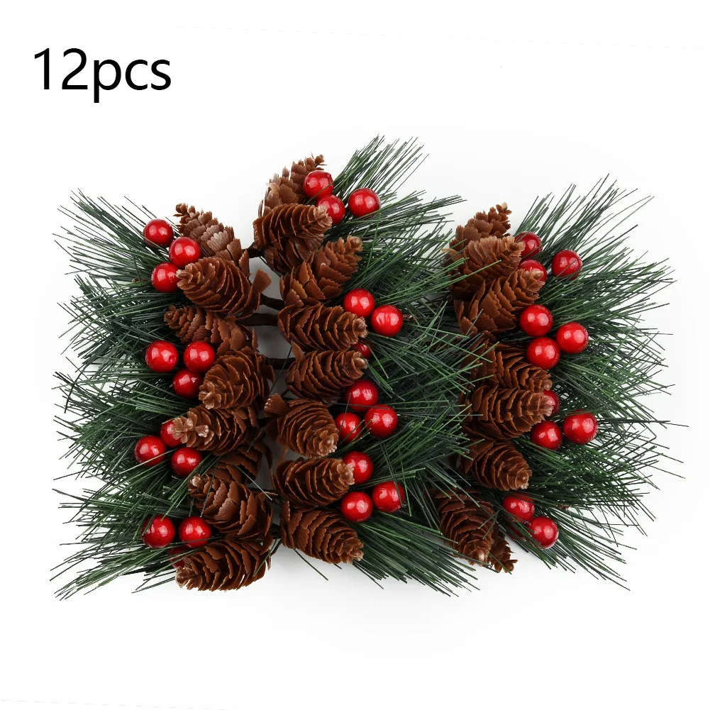 

12pcs Emulation Pine Picks 10-13cm Artificial Flower Christmas Green Red Berry Pine Cone Holly Branch Christmas Decoration