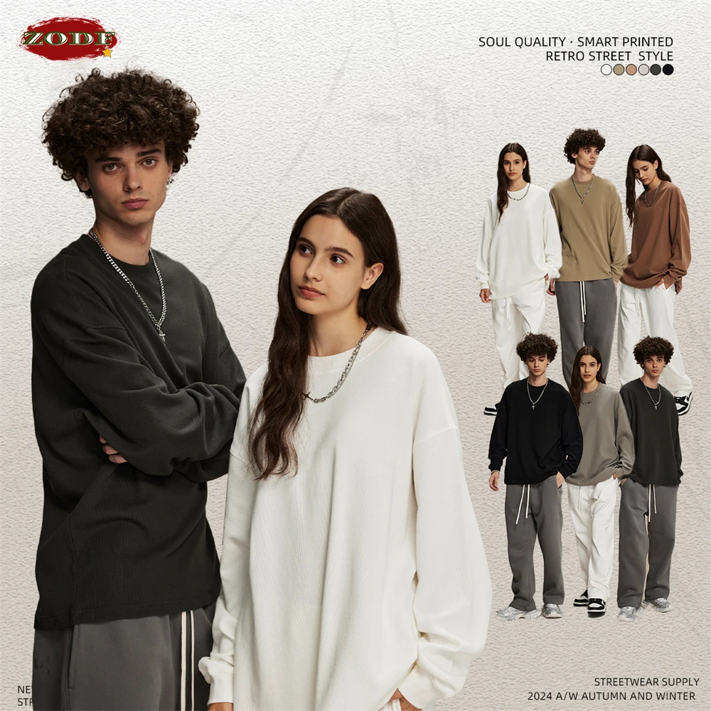 ZODF модная мужская вафельная футболка 330 г/м2 унисекс для пар свободные однотонные