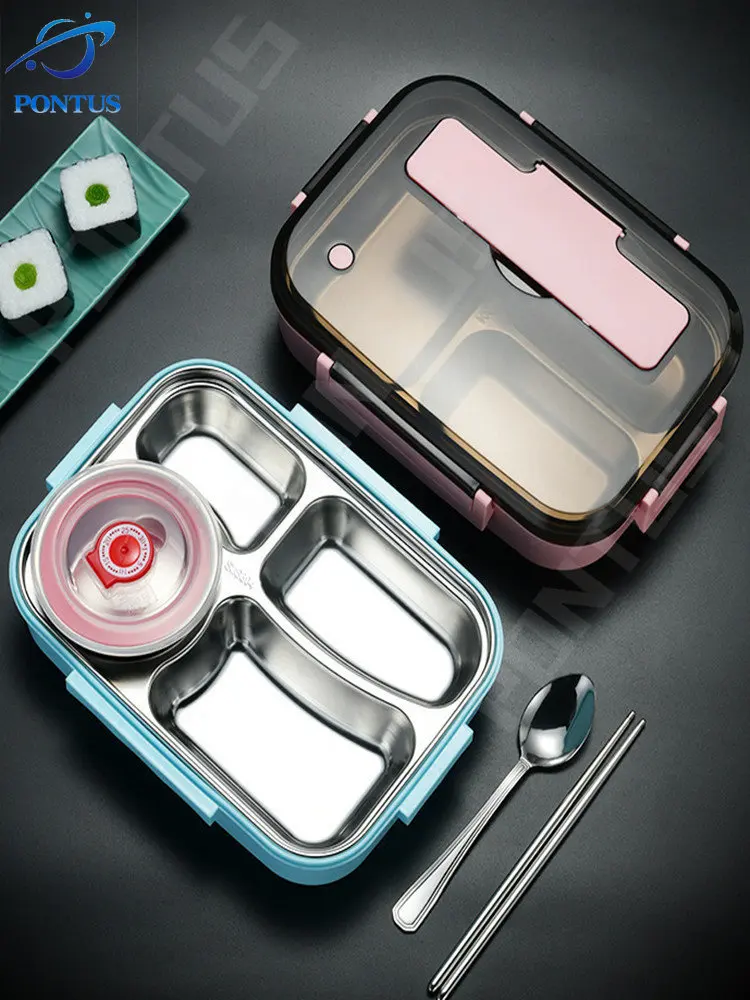 Скидка Термальный Ланч-бокс, герметичный Ланч-бокс Bento с 4 ячейками из нержавеющей стали 304, утолщенный Портативный Ланч-бокс для микроволновой печи...