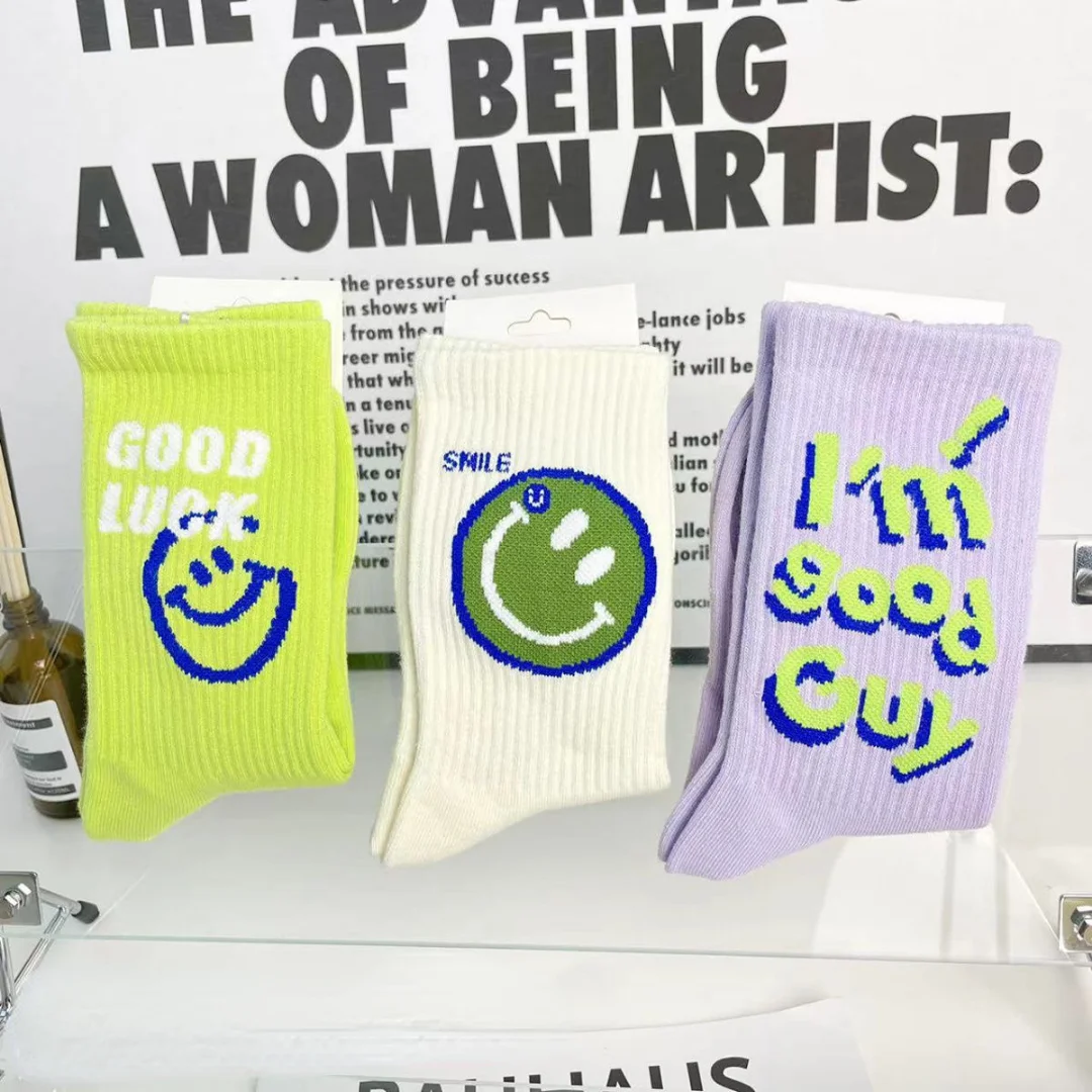 Smiley Three-dimensional Fluorescent Green Ins Tide Stockings Men's and Women's Colorful Versatile Cotton