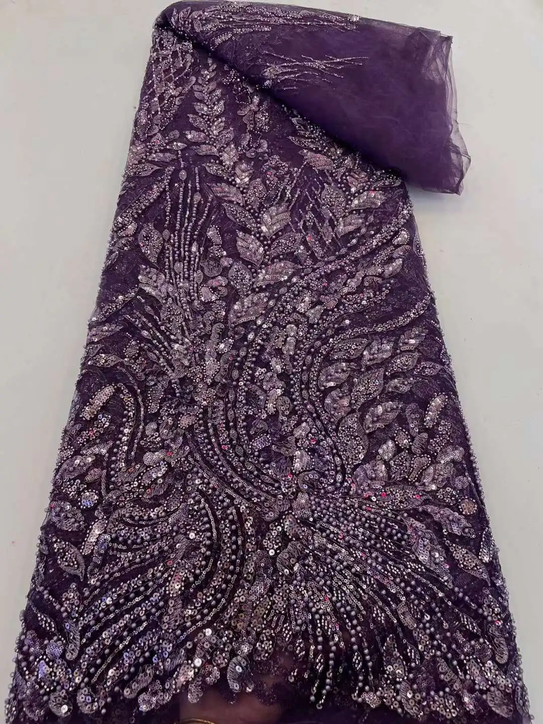 

Luxury French Sequined Tulle Lace Fabric 2023 High Quality 5 Yards Beads Tube Embroidery Mesh Fabric For Wedding