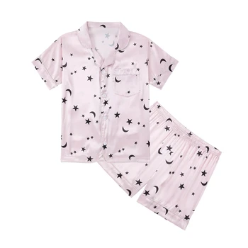 Summer Girls Silk Chiffon Pajama Shorts Sets Kids Star Moon Print Pajama Sleepwear Set 5-14 Years 1