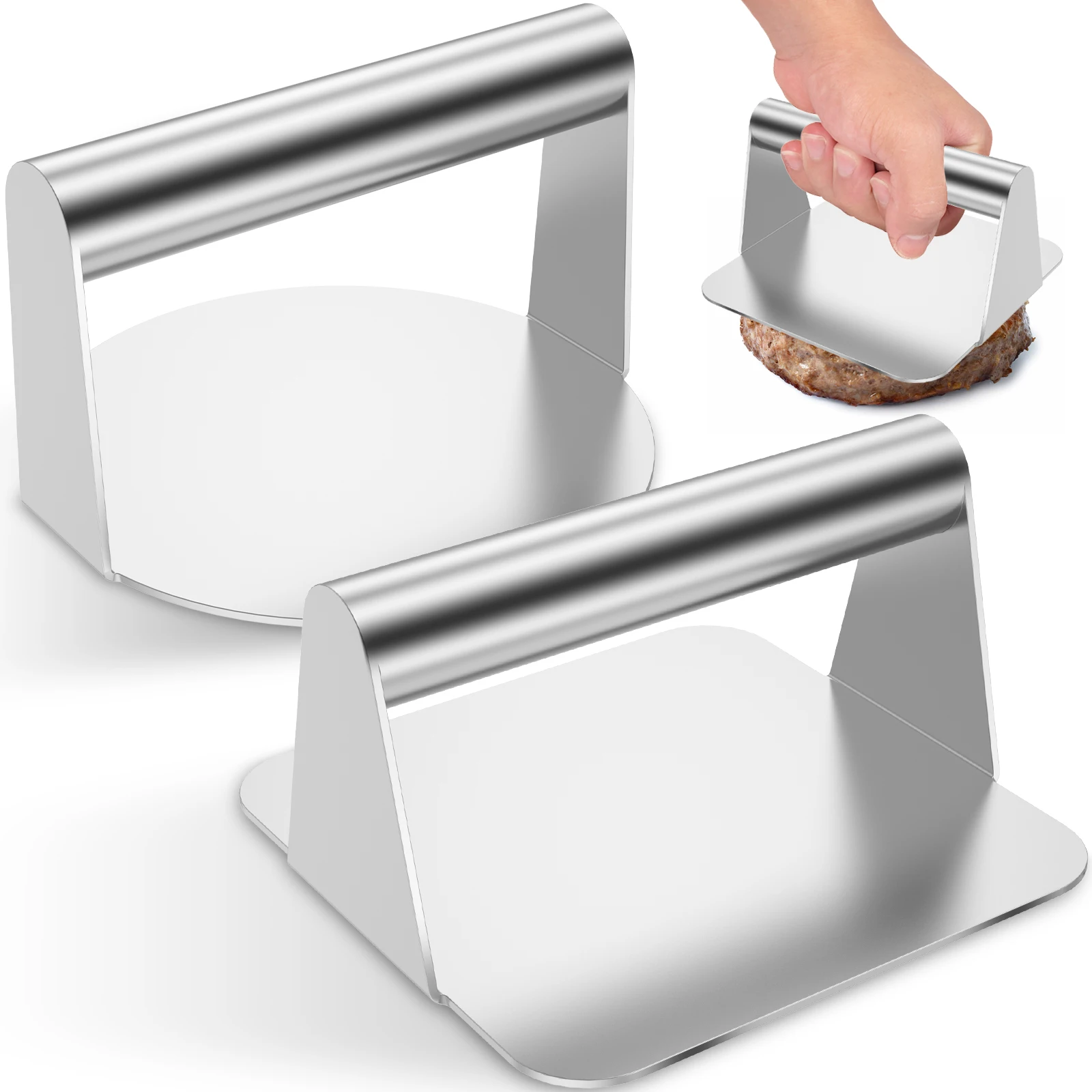

Burger Press Stainless Steel Burger Smasher 5.5 Inch Round and Square Bacon Press Non-Stick Smooth Hamburger Press with Handle