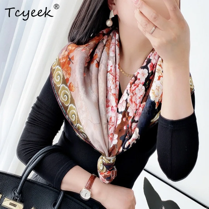 Фото Tcyeek, 100% настоящие шелковые элегантные шарфы, 105 см с цветочным принтом, подарок для мамы, модный шикарный шарф в стиле ретро, лето 2023, осень A465139QM №3