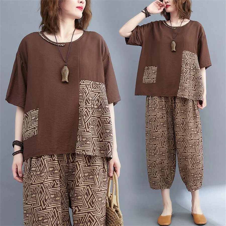 

Женский свободный комплект из 2 предметов, летний топ с квадратным вырезом и коротким рукавом и брюки, Женская Повседневная Уличная одежда с цветочным принтом