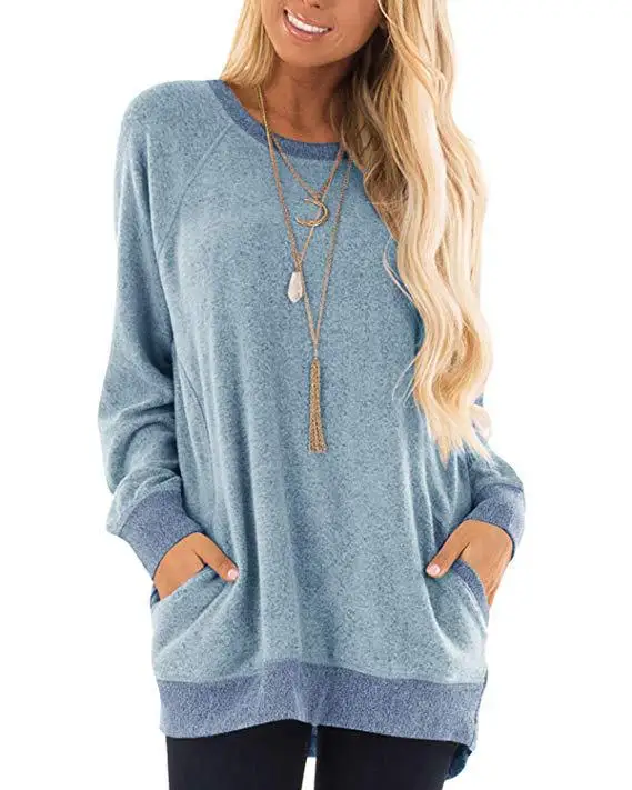 

Women's Round Neck Contrast Pocket Sweater Long Sleeve Pullover Sweatshirt Casual T-shirt