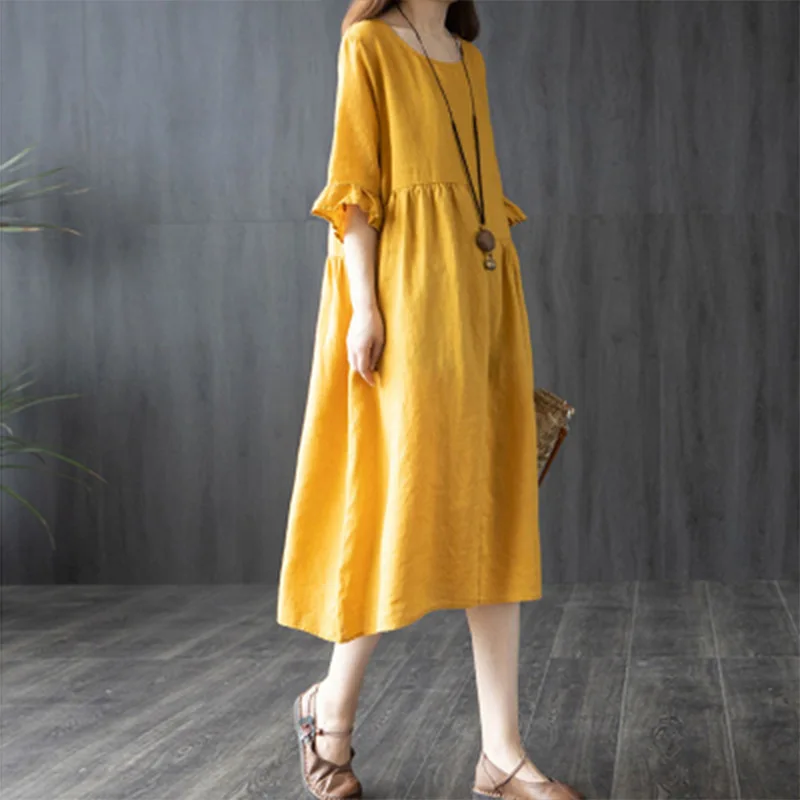 

Платье женское длинное однотонное из хлопка и льна, с круглым вырезом