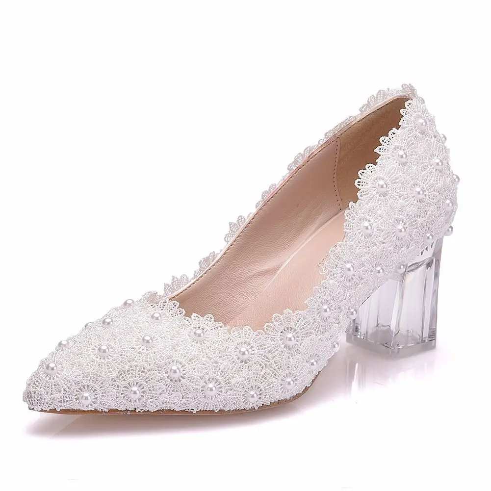 

7cm shallow mouth crystal transparent thick heel shoes white lace pointed wedding shoes for women