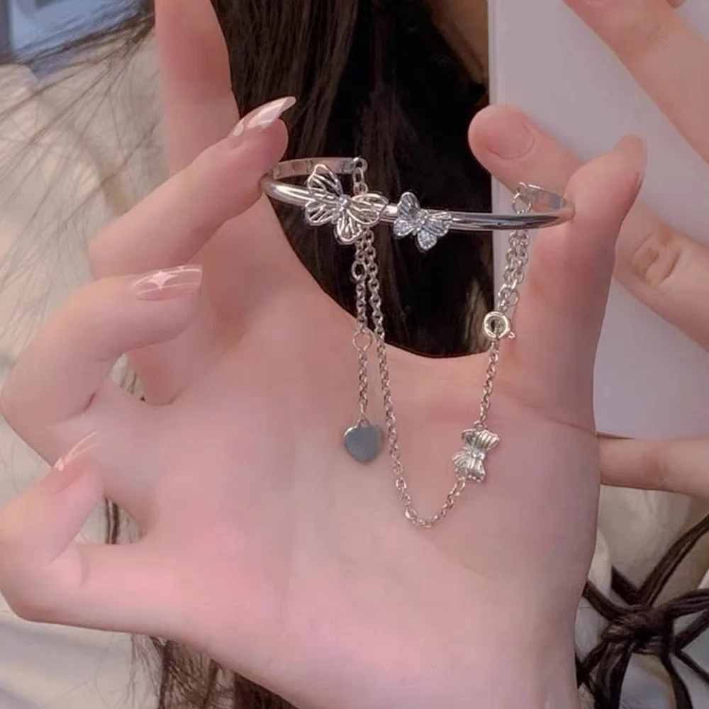 

New Sweet Tassel Butterfly Woman Bracelet Heart Double Layer Luxury Kpop Girl Friends Charm Bracelet Aesthetic Accessories 2022