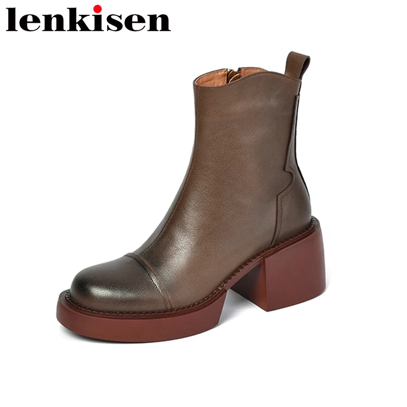 

Lenkisen 2023 Cow Leather Round Toe Thick High Heels Chelsea Boots Winter Platform Zipper Office Lady Casual Zipper Ankle Boots