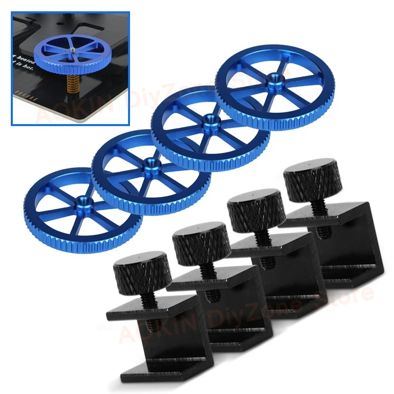 

4Pcs 3D Printer Upgrade Aluminum Hand Twist Leveling Nut Diameter 60mm with 4Pcs Glass Heated Bed Clips Kit for CR-10, Ender-3