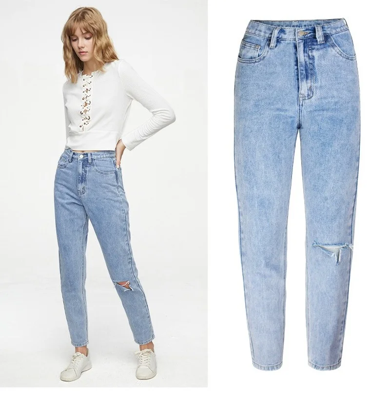

Light Blue High Waist Wash Button Straight Jeans Boyfriend Style Bleached Ripped Trousers Classic Women Loose Casual Denim Pants