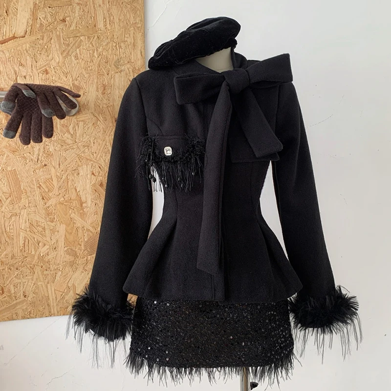 LUZHEN дизайн с перьями однотонный тонкий пиджак пальто 2024 осень-зима мини-юбка