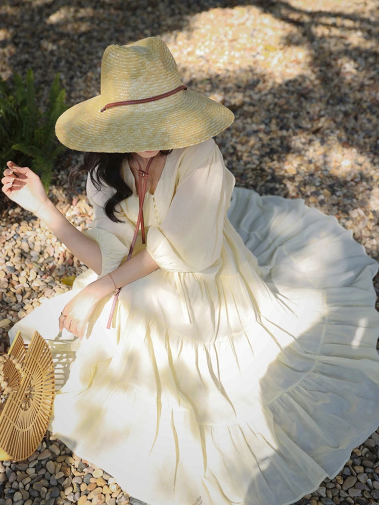 

Solid Elegant Midi Dress Office Lady 2023 Summer Korea Fashion Even Party Dress Casual Beach Short Sleeve Sundress Holiday Woman