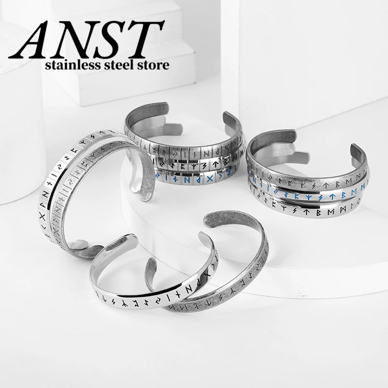 

Men Nordic Viking Odin Runes Bangle Antique Jewelry Silver Color Bronze Open Cuff Bracelet Scandinavian Costume Accessories