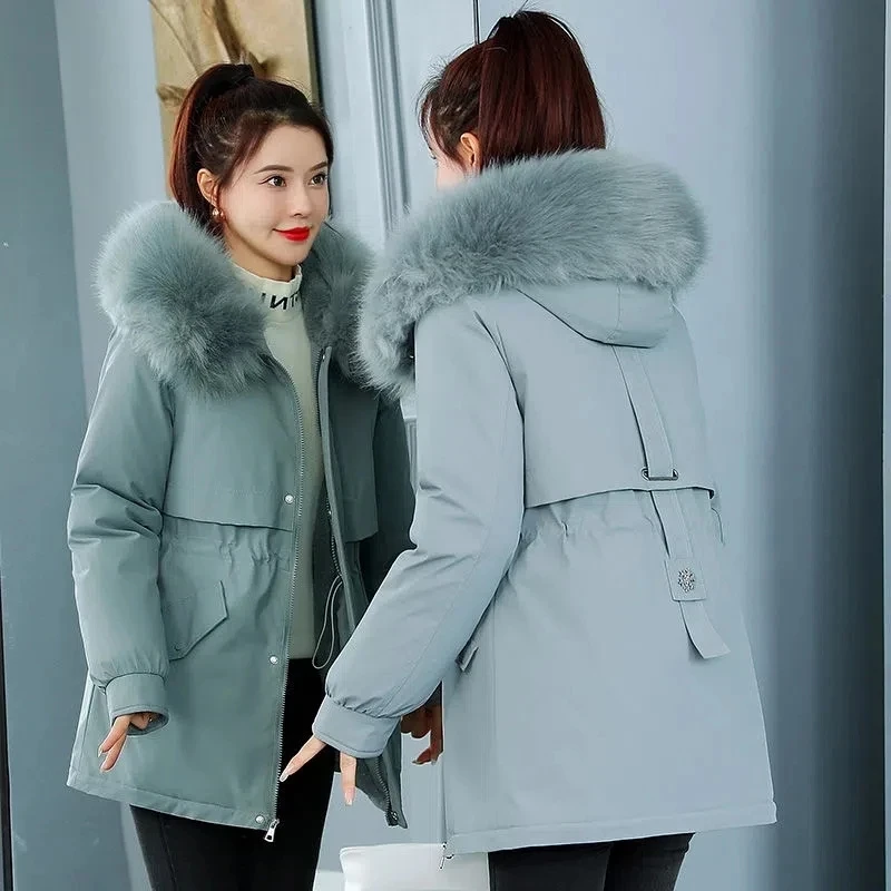 2022 New Winter Jacket Snow Wear Coats Women Parkas Wool Liner Hooded Parkas with Fur Collar Warm Cotton Clothes Outwear