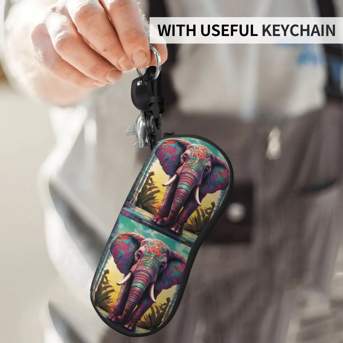 

Elephant Vertical Glasses Case Graffiti Vibrant and Exciting Key Chain Male Sunglasses Pouch Reading Soft Eyewear Organizer