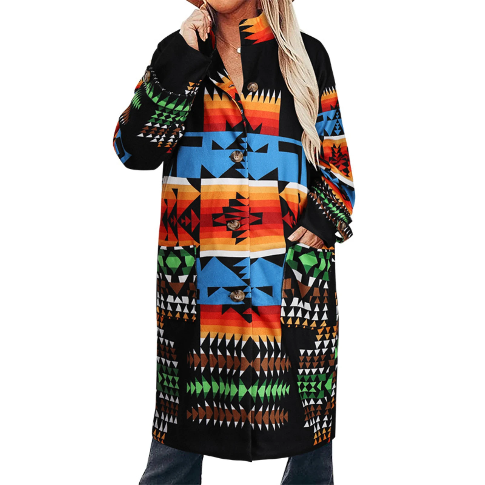 

Womens 2021 Fashion Ethnic Style Boho Printed Hooded Long Coat Loose Outwear Match Colors Overcoat Plus Size Hot Dropshipping
