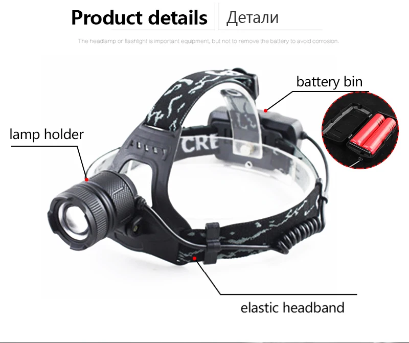 Фонарь налобный светодиодный с 3 режимами и 2 аккумуляторами 18650 |