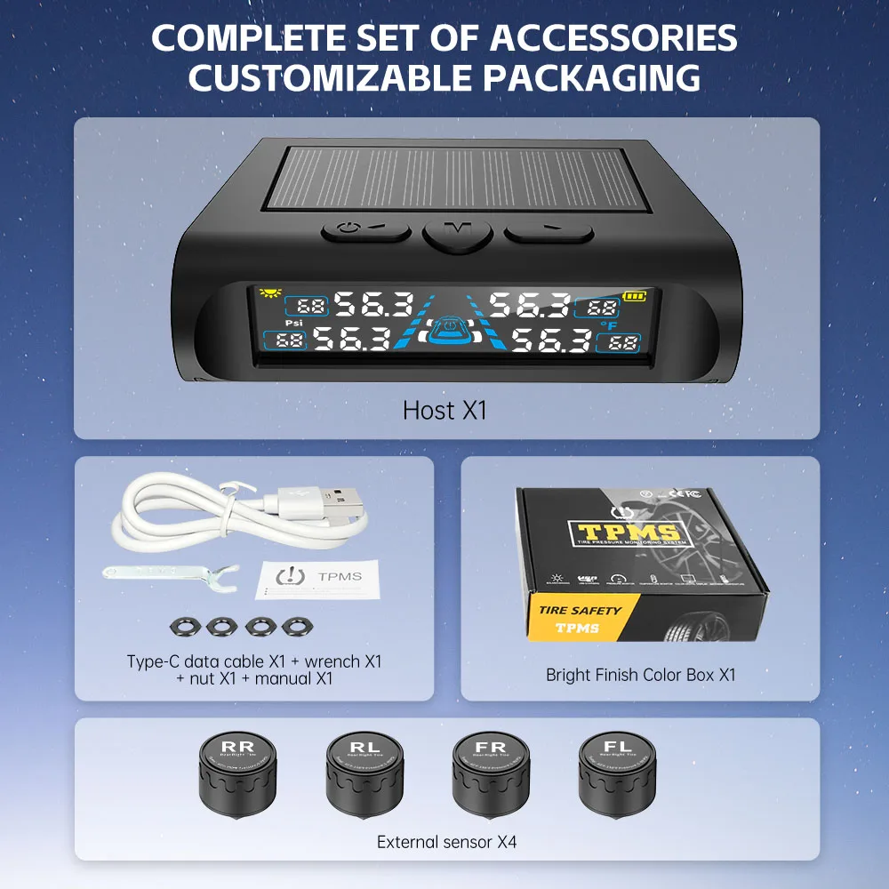 

Система Контроля Давления В Шинах (TPMS) С Мониторингом Температуры, 4 Внешних Датчика, Цифровой ЖК-дисплей