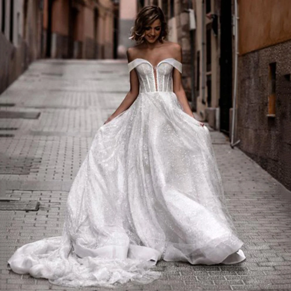 Lovedess Princess A-Line Abito Da Sposa Sparkle Tulle Off Spalla Modern Sweetheart Bride Gown Backless Train Vestido De Novia