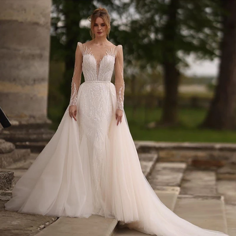 

Luxury Detachable 2 In1 Wedding Dress Embroidered Lace On Net With Train 0-Neck Fullsleeve Bride Gowns Backless Vestido De Novia