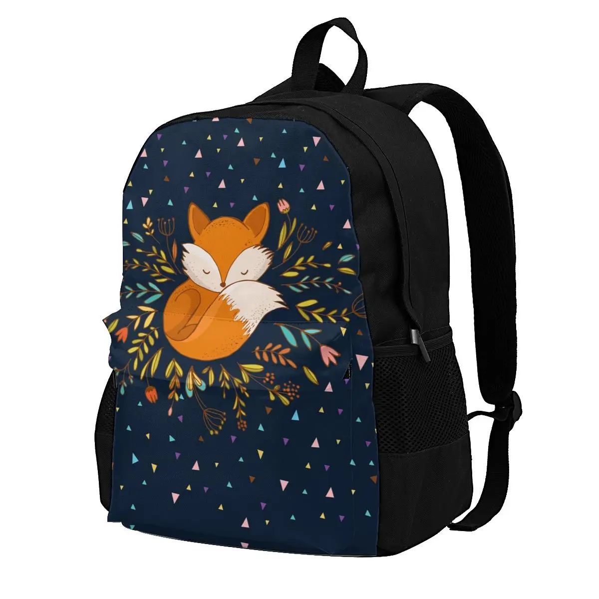

Cute Fox Flowers And Triangles Backpacks Animal Polyester Business Female Backpack Durable Elegant Bags