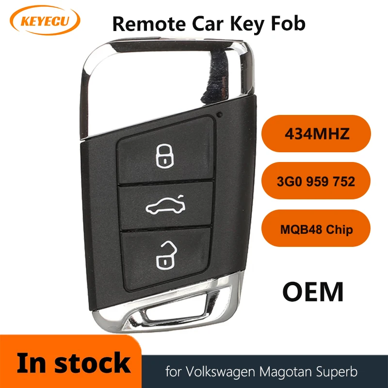 KEYECU Smart Remote Key 3BT 434MHz FOB for Volkswagen VW Magotan B8 Superb A7 Passat Variant 2015-2019 MEGAMOS 88 AES 3G0959752
