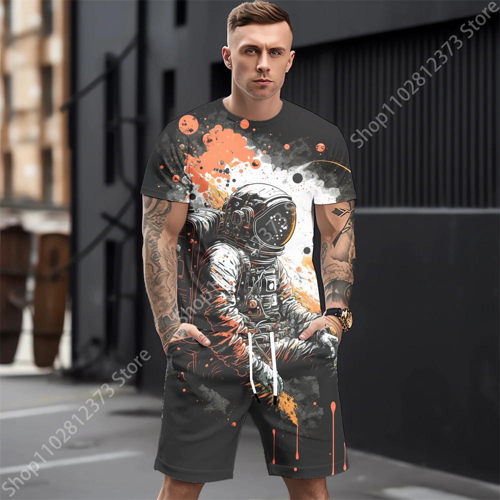 2023 New Fashion Retro Man Tracksuit Summer Men Casual Short Sleeve Two Piece Sets Sportswear 3D Astronaut Printing Men Clothing