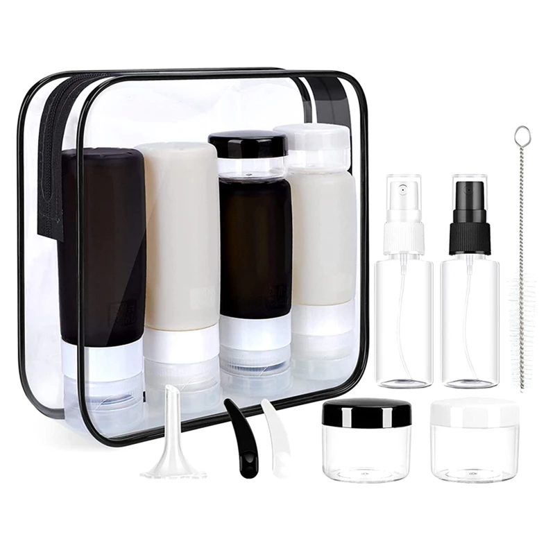 

15 Piece Containers Leak Proof Travel Accessories Squeezable Shampoo Bottles Black White