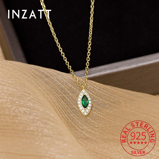 

INZATT Real 925 Sterling Silver Zircon Emerald Eye 18K Choker Pendant Necklace For Women Party Fine Jewelry Classic Accessories