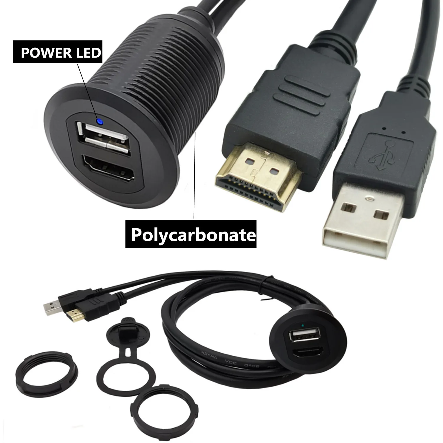 

HDMI -compatible USB2.0 Extension Dash Panel Waterproof Car Flush Mount with LED Light Cable for Car Boat and Motorcycle，1m/2m