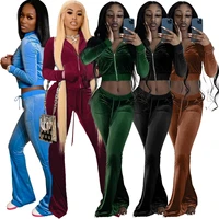 tracksuit women two piece set outifits 2022autumn velvet casual sport jogging long sleeved sexy crop zip jacket and flared pants