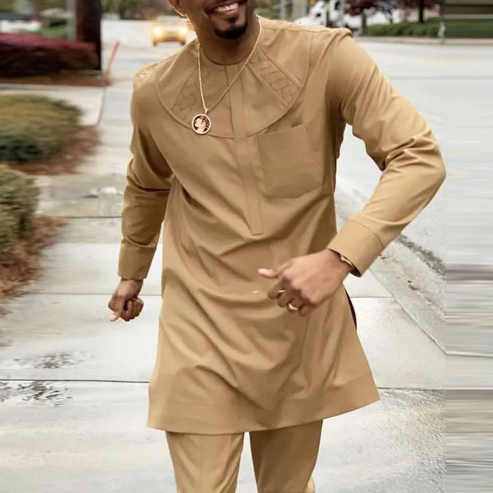 

Kaftan Summer Men's Suit Round Neck Long-sleeved Top Pants African Male Traditional Outfit National Style 2PCS Clothing Sets